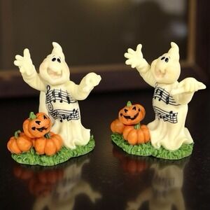 Vintage Halloween Musical Notes Ghosts Figurines Pumpkins Resin Festive Set of 2